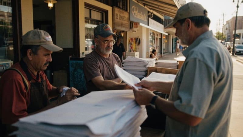Comerciantes en una tienda revisando correspondencia postal recibida, con sobres apilados sobre el mostrador
