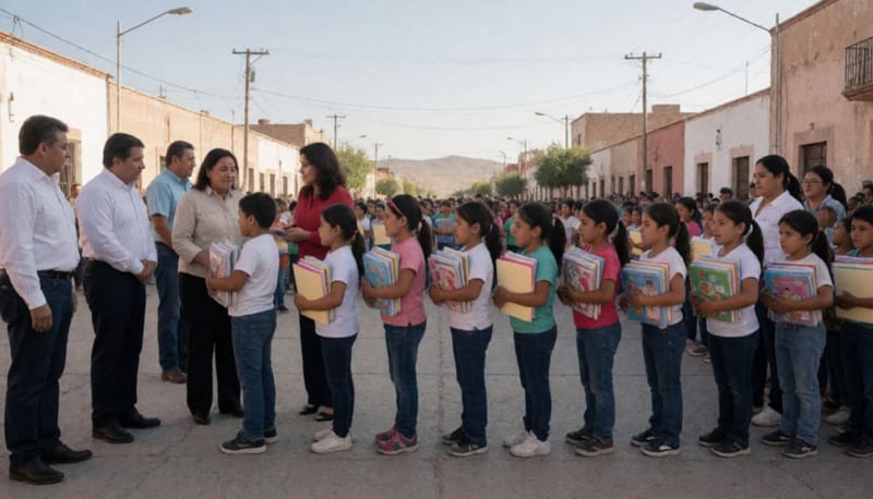 Niños de primaria recibiendo materiales escolares en plaza municipal de Nuevo Casas Grandes