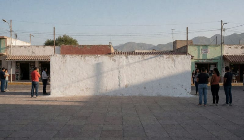 Muro rehabilitado frente a la plaza de Nuevo Casas Grandes bajo la luz de la tarde