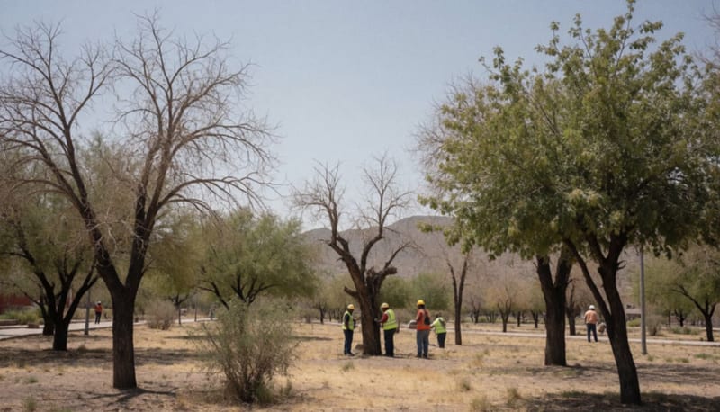 Parque árido con árboles secos y trabajadores municipales evaluando la vegetación enferma en el terreno