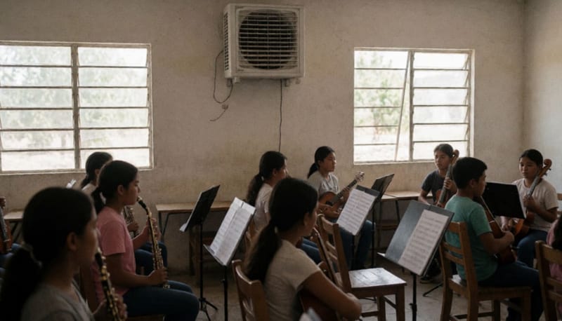 Jóvenes músicos ensayando en un aula de la escuela de música con equipamiento de climatización