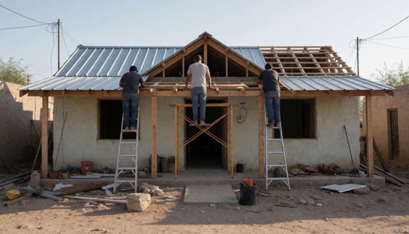 Trabajadores instalando la nueva techumbre de una vivienda en reparación durante la tarde
