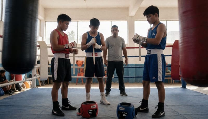 Jóvenes boxeadores en un ring durante una sesión de entrenamiento en un gimnasio
