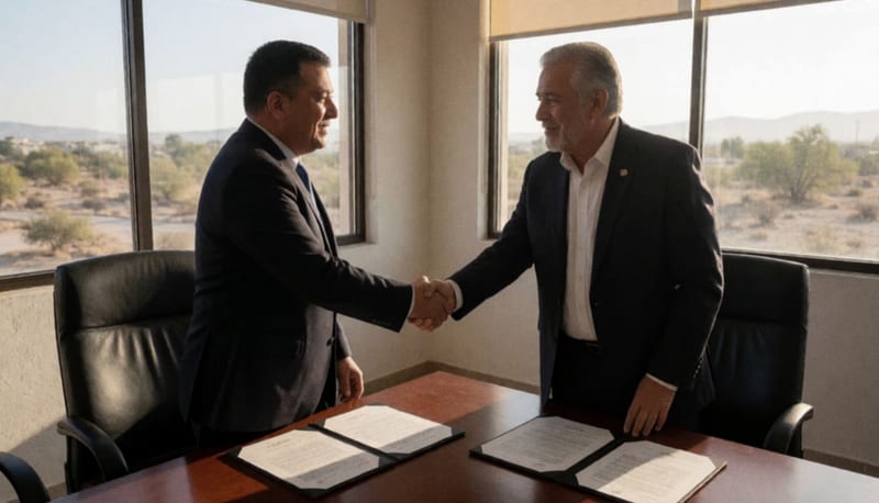 Autoridades municipales y del Poder Judicial durante la firma del convenio de comodato en Delicias