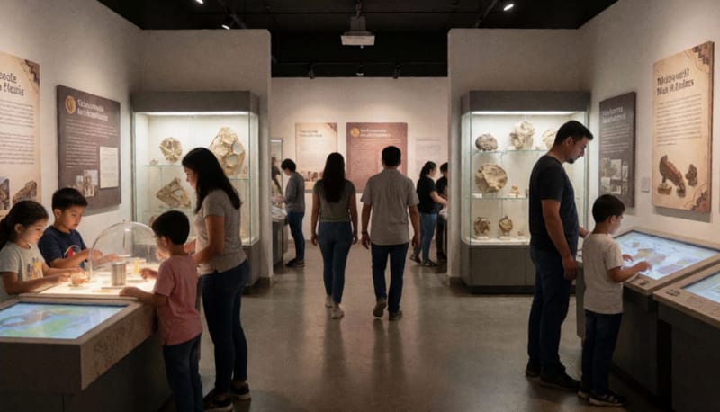 Familias recorriendo galerías interactivas con exhibiciones de ciencia en un museo chihuahuense