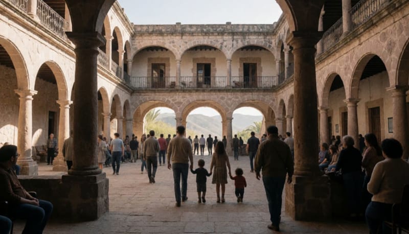 Visitantes recorren de espaldas el patio de piedra de una antigua mansión con arcos y balcones de hierro