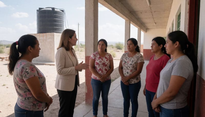 Regidora y maestras conversando en el patio de una institución educativa con tinaco de fondo