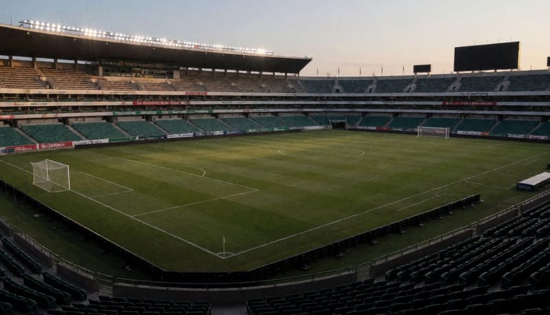 Cancha de futbol en estadio mexicano con iluminación de atardecer y grama verde