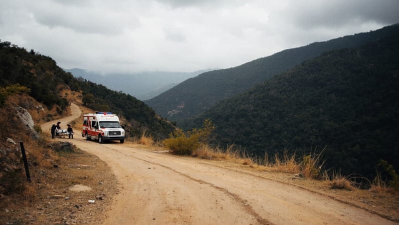 Ambulancia estacionada en una carretera serrana entre vegetación de montaña durante operativo de emergencia