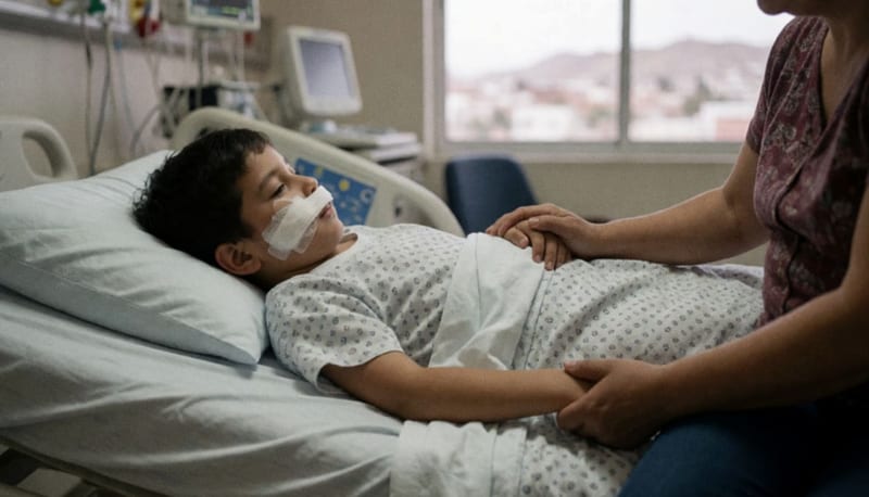 Menor atendido en una cama de hospital con vendajes en el rostro
