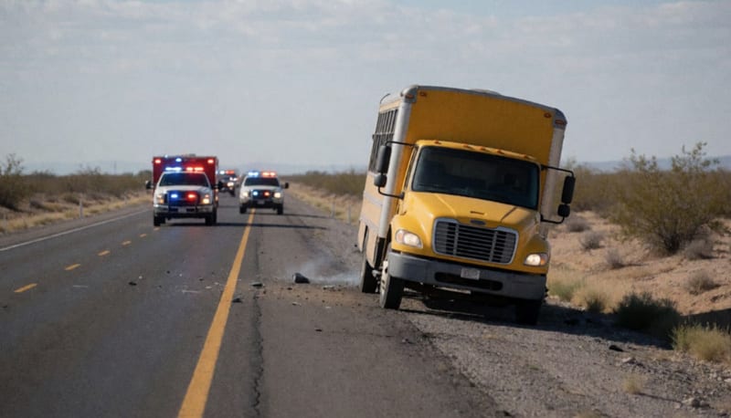 Camión de pasajeros amarillo fuera de la carretera con luces de emergencia en el horizonte