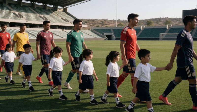 Niños caminando en el terreno de juego acompañados de futbolistas profesionales durante el protocolo previo al partido