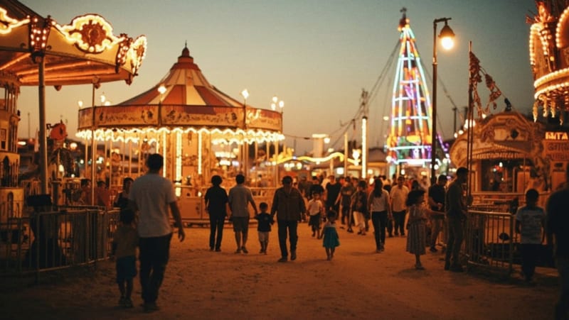 Parque de atracciones con juegos mecánicos iluminados al atardecer, familias disfrutando de la feria en región desértica