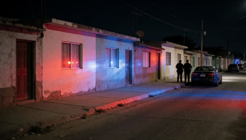 Calle residencial nocturna con casas bajas bañadas por luces rojas y azules, con dos policías lejanos vistos de espaldas
