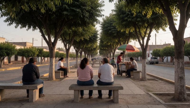 Plaza arbolada de una ciudad del norte de México al atardecer con personas conversando en bancas vistas de espaldas