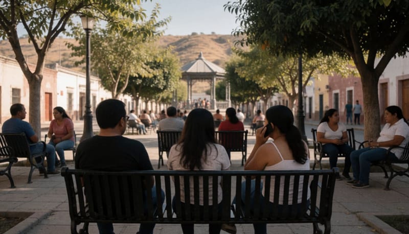 Personas sentadas de espaldas en bancas de una plaza arbolada, una de ellas hablando por teléfono, bajo el sol de la tarde