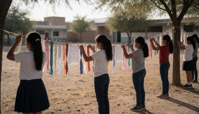 Estudiantes colgando prendas y papeles en un tendedero en el patio de una escuela en el norte de México