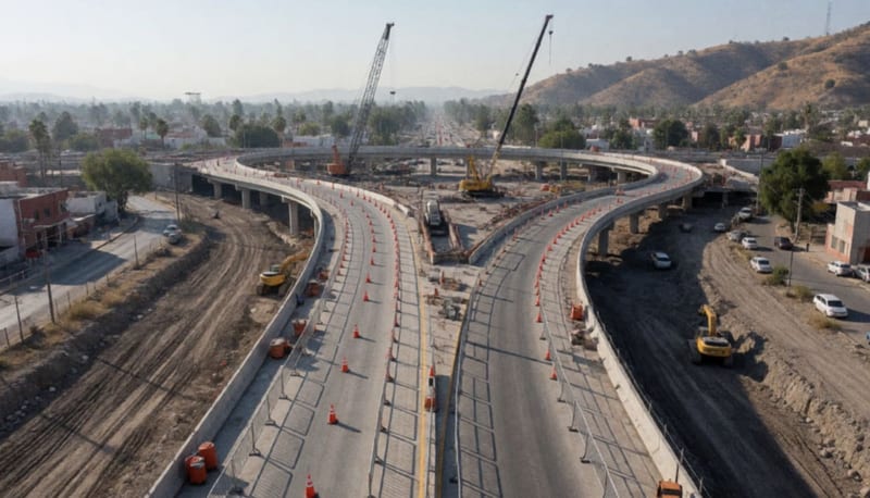 Vista aérea de un paso vehicular en construcción con grúas, conos naranjas y maquinaria junto a una avenida, con cerros secos al fondo