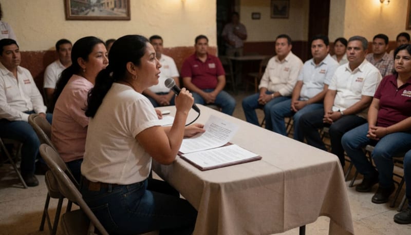 Dirigente política en sesión de reencuentro con militancia partidista en sala de reuniones