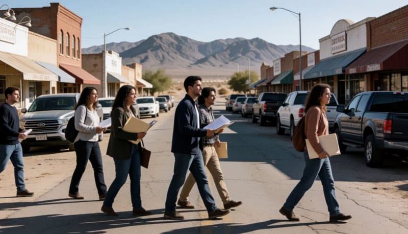 Profesionistas con documentos caminando por una calle principal de pueblo fronterizo del desierto