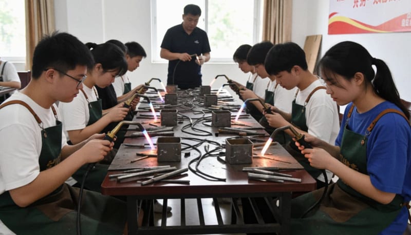 Jóvenes aprendiendo técnicas de soldadura y trabajo con metales en un taller comunitario