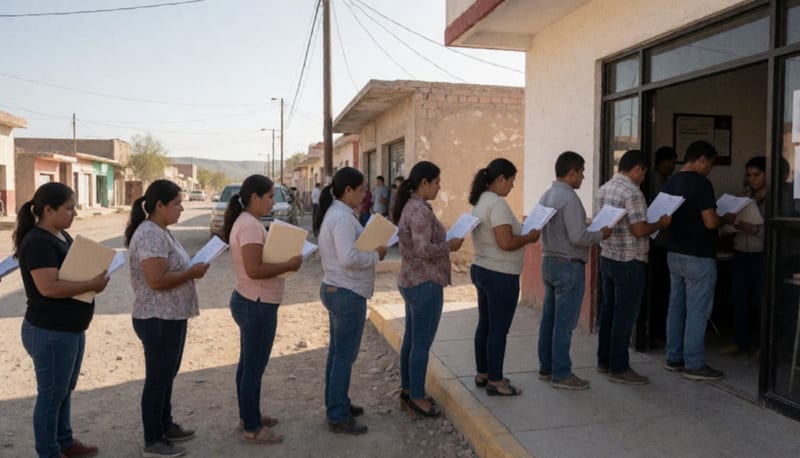 Ciudadanos formados con documentos en las afueras de oficinas municipales en un pueblo del norte de México