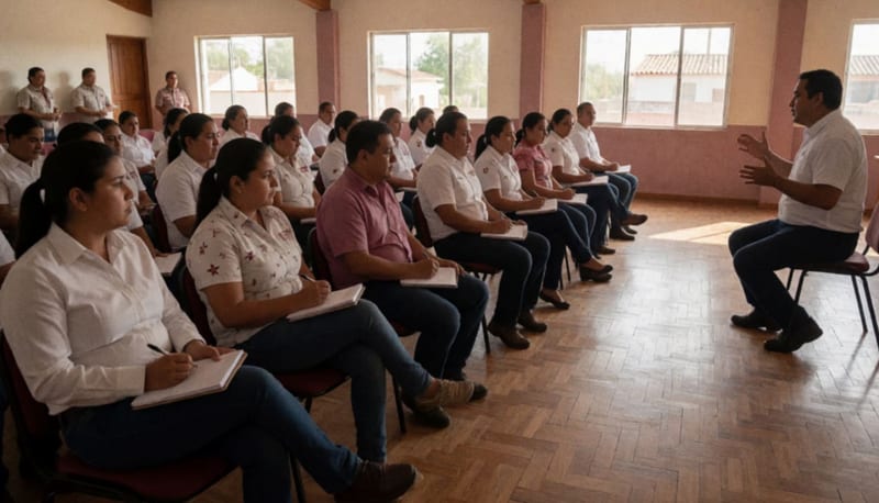 Funcionarios y personal de salud participando en una sesión de capacitación sobre prevención del suicidio en una sala cultural