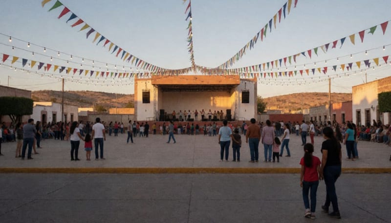 Plaza principal de un municipio con escenario iluminado y familias reunidas para celebración nocturna