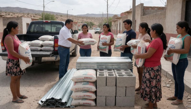 Familias recibiendo bolsas de cemento y materiales de construcción en una plaza municipal del norte de Chihuahua