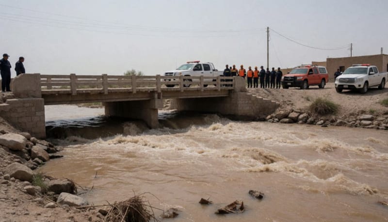 Puente completamente cubierto por las aguas del río Casas Grandes durante la crecida
