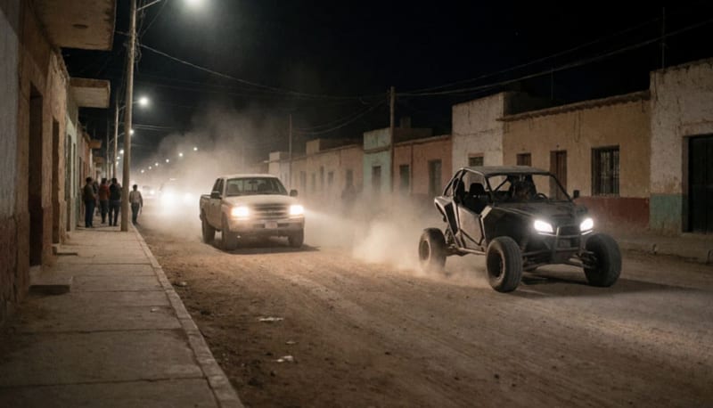 Vehículos acelerados circulando por una calle polvorienta del municipio sin presencia de autoridades de tránsito