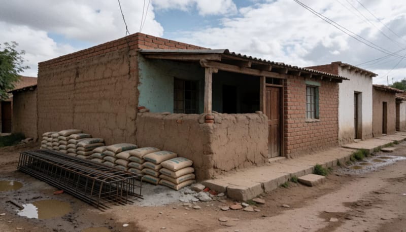 Casa sencilla con muro dañado, bultos de cemento y armazones de acero apilados junto a charcos de lodo tras la lluvia