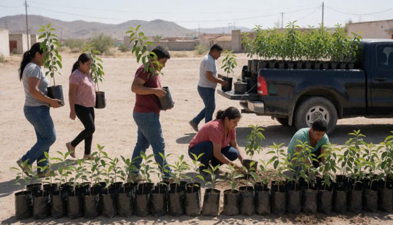 Familias cargan arbolitos en bolsas negras sobre un terreno polvoso con una camioneta cargada de plantas y cerros al fondo