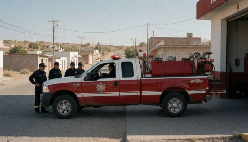 Bomberos junto a camioneta de ataque rápido estacionada frente a estación de emergencias en municipio del norte de Chihuahua