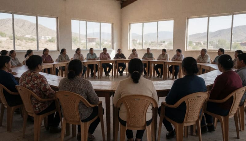 Adultos sentados en sillas de plástico dispuestas en círculo dentro de un salón luminoso con ventanas hacia cerros áridos
