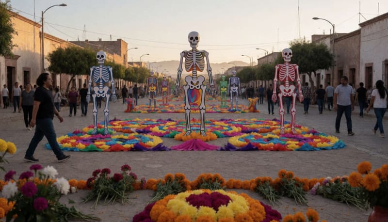 Esculturas de catrinas gigantes y ofrendas tradicionales en la plaza de un pueblo del norte de Chihuahua