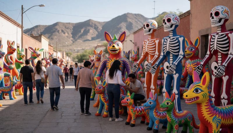 Figuras de catrinas y alebrijes pintados de colores brillantes en una plaza de un pueblo del norte de México