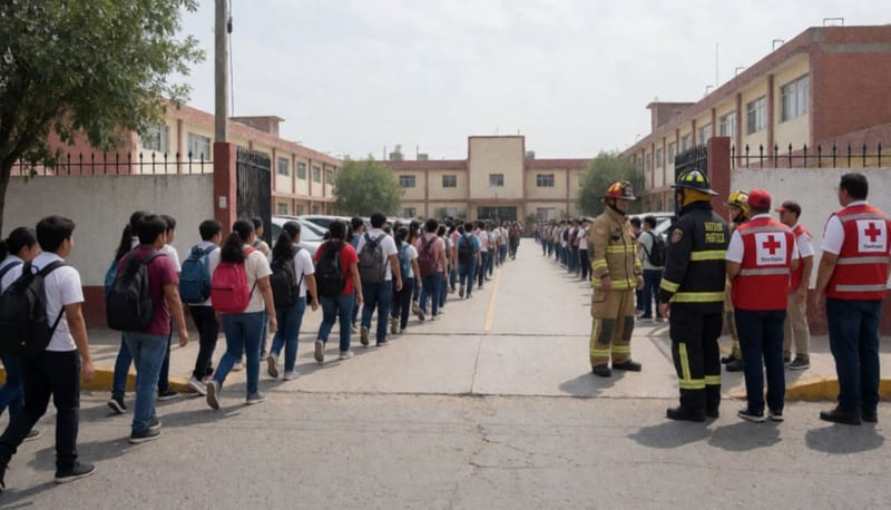 Estudiantes evacuando en orden desde un campus educativo durante ejercicio de protección civil