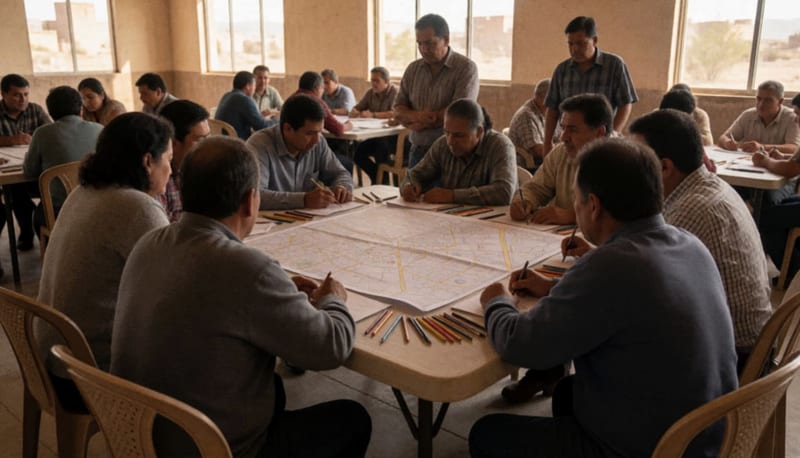 Grupo de personas reunidas alrededor de mesas en un salón amplio, analizando un plano extendido de la ciudad con lápices de colores