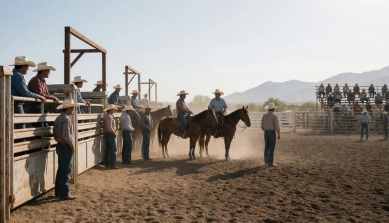 Vaqueros y espectadores en la Arena Municipal de Rodeo bajo el sol del desierto de Chihuahua