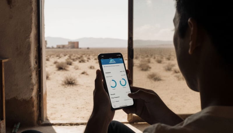 Persona consultando una plataforma digital de agua en su teléfono desde el interior de su hogar