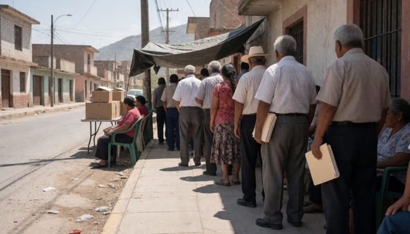 Adultos mayores formados en una banqueta soleada con carpetas en mano, algunos sentados en sillas de plástico bajo una sombra
