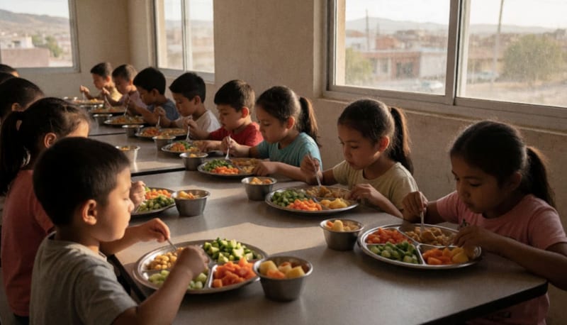 Estudiantes comiendo en un comedor escolar con alimentos frescos y nutritivos durante la jornada