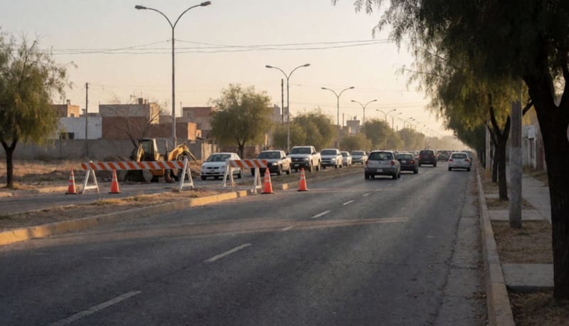 Vehículos circulando lentamente sobre una avenida con barricadas de obra en una colonia chihuahuense