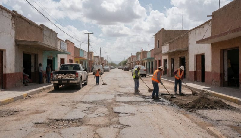 Trabajadores preparando el pavimento de una calle en una localidad del norte de México, con herramientas y material de construcción en el sitio