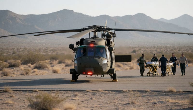 Helicóptero dañado por disparos en una pista de aterrizaje del desierto chihuahuense