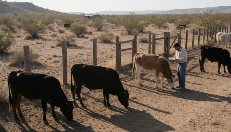 Veterinario revisando ganado en un terreno desértico de la región centro-sur