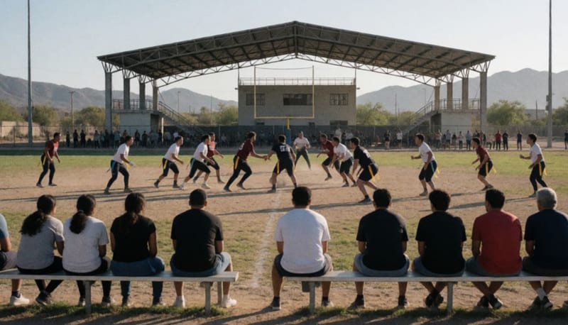Jugadores de tochito en acción durante un partido disputado en la cancha de la Unidad Deportiva