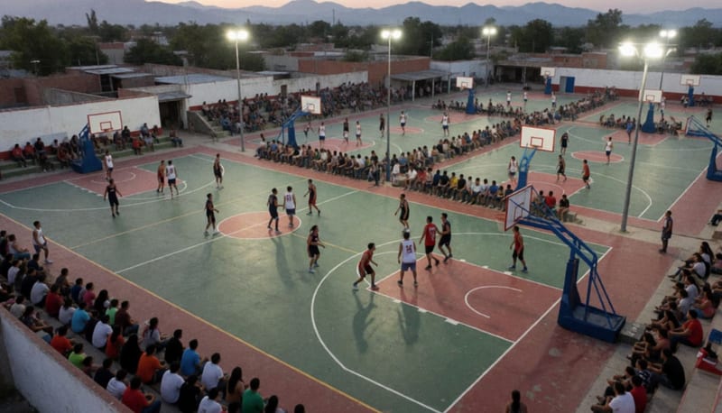 Canchas de basquetbol con equipos jugando simultáneamente bajo luces brillantes y espectadores en gradas