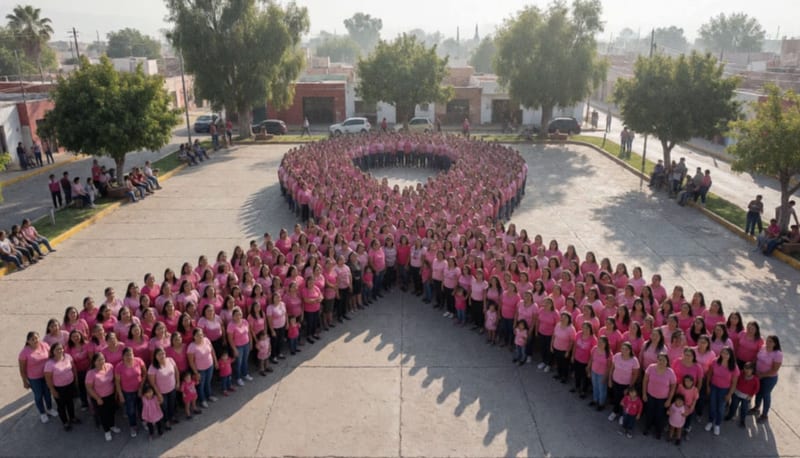 Vista aérea de una multitud vestida de rosa formando un gran lazo sobre una plaza pavimentada al amanecer